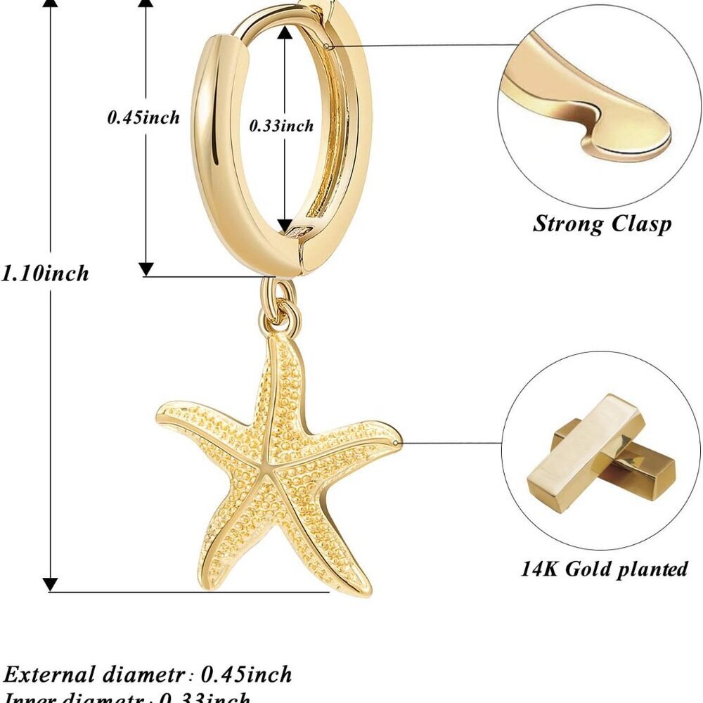 Huggie Earrings for Women - 14K Gold Plated Beach Sea Drop Dangle Earrings - Sta - Picture 4 of 7